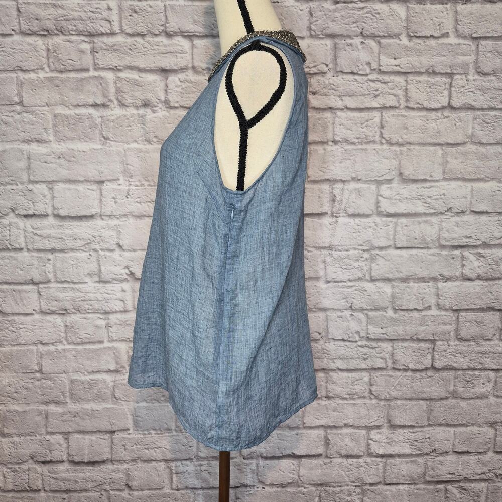 Anthropologie Maeve Chambray Blouse Sleeveless Beaded Peter Pan Collar Top Sz L - Picture 5 of 10